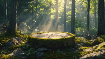 Wall Mural - Serene Forest Clearing with Sunlight Beaming Through Trees