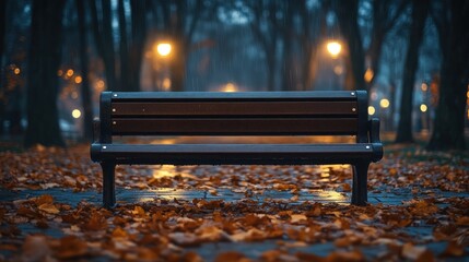 Wall Mural - Empty park bench, autumn leaves, night lights