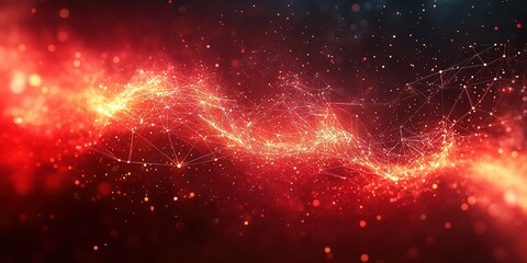 Poster - Stunning cosmic visualization depicting vibrant red and orange particle effects in a dark, starry space environment