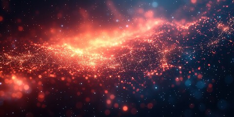 Poster - Stunning visualization of a cosmic nebula filled with bright particles and vibrant hues of red and orange in a dark space setting