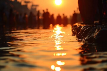 Poster - Group of people standing on the edge of a body of water, suitable for outdoor and travel concepts