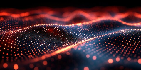 Fototapete - Visual representation of digital waves glowing in red and blue on a dark background revealing intricate patterns and textures