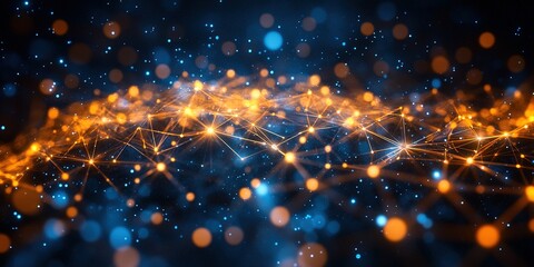 Poster - Abstract digital background depicting luminous connections and networks in shades of blue and orange at night
