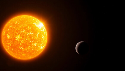 a bright, glowing sun with fiery textures illuminating space, alongside a small, dark planet in orbi