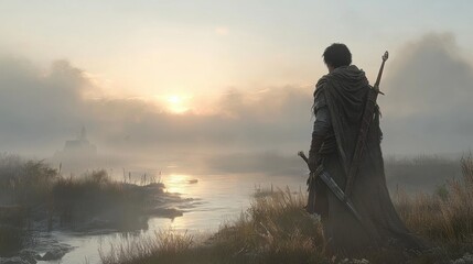 Wall Mural - Serene Warrior Contemplating Dawn by the Misty Riverbank Landscape
