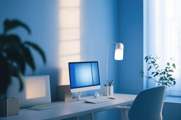 Poster - A desktop setup with a computer and lamp, ideal for office or home use