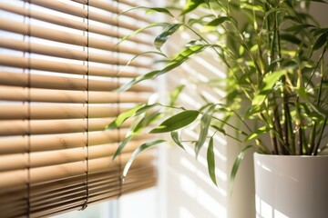 Poster - Bamboo window blinds filtering sunlight and creating shadows on a houseplant in a white pot