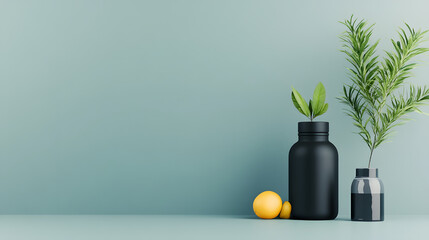 Poster - A minimalist arrangement featuring black vases with green plants and a yellow lemon against a soft blue background