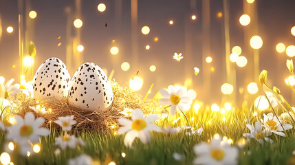 Aufkleber - A serene scene featuring two speckled eggs nestled in a bed of flowers, illuminated by soft, glowing lights in a tranquil setting