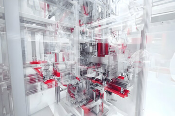 Poster - factory automation red robotic arms assembling parts in a cleanroom