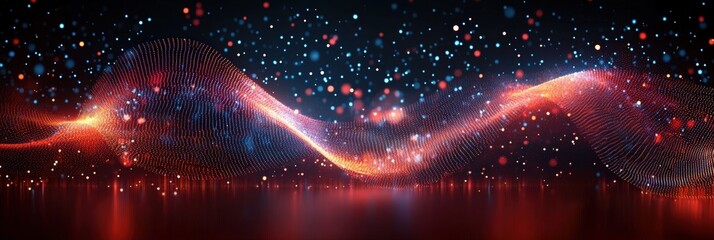 Fototapete - abstract red wave in cyberspace with vibrant particles and light reflections for digital art and bac