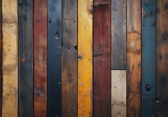 Poster - Rustic Wooden Planks in Vibrant Colors Showcasing an Eye-Catching Arrangement of Varied Textures and Hues for Use in Creative Projects or Design Concepts