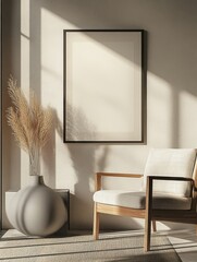 Wall Mural - Natural light streams through a window illuminating a minimalist chair and modern decor in a tranquil living space