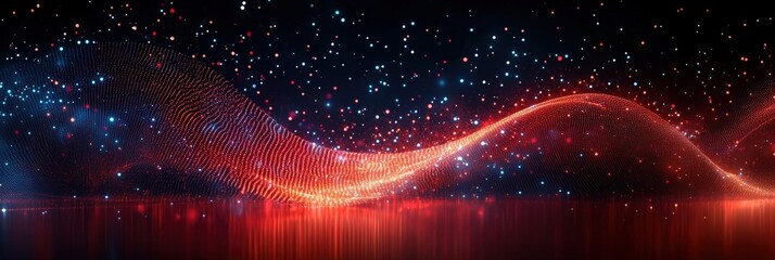 Poster - abstract digital waves and cosmic stars in vibrant red and blue colors representing cyberspace and m
