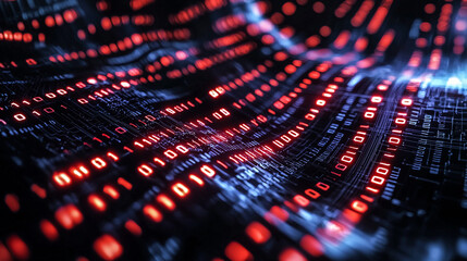 Data flow transfer. Flowing stream of binary digits code. Bright blue and red hues, technology, connectivity concept. Digital river, dynamic effect, background