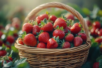 Wall Mural - Freshly harvested strawberries in a woven basket amidst a vibrant strawberry field during the golden hour of a sunny day