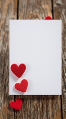 Aufkleber - Mockup - A blank white card placed on a rustic wooden surface, adorned with three small red heart decorations.romantic atmosphere, perfect for Valentine's Day