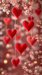 Aufkleber - A collection of plush red hearts hanging delicately from strings, surrounded by soft, blurred lights and white floral accents. The warm, romantic ambiance is perfect for Valentine's Day or any special