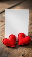 Aufkleber - A blank white card stands elegantly on a rustic wooden surface, flanked by two plush red hearts. The warm wood tones and vibrant red create a charming, romantic ambiance, ideal for Valentine's Day or 