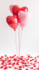 Aufkleber - A cluster of red and pink heart-shaped balloons floating gracefully against a white background. The ground is scattered with numerous small red heart confetti, creating a festive and romantic atmosphe