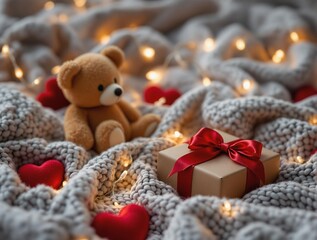 Poster - charming and warm setting featuring a cuddly teddy bear sitting on a soft, knitted blanket adorned with small, glowing fairy lights. A neatly wrapped gift with a red ribbon sits nearby, surrounded by 