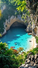Poster - A stunning secluded cove with crystal-clear turquoise water, surrounded by lush green vegetation and dramatic rocky cliffs. The serene and picturesque setting creates a perfect escape for relaxation a