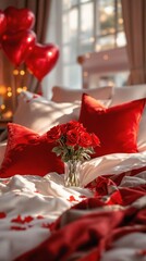 Poster - A beautifully decorated bedroom with red and white bedding, accented with red heart-shaped balloons and a bouquet of red roses in the center. The soft lighting and scattered rose petals create a warm 