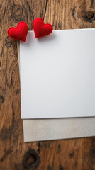 Poster - A blank white note card pinned to a rustic wooden surface with two small, red heart-shaped clips. The warm tones of the wood and the vibrant red hearts create a charming and romantic atmosphere, perfe