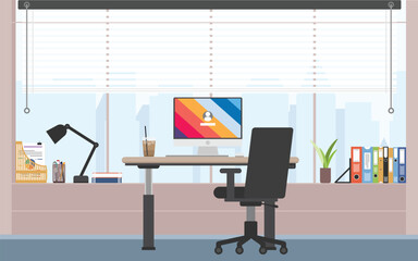 Fototapete - Office desk with computer monitor in front view, Private working room with monitor and desk.