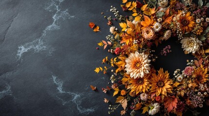 Aufkleber - A beautifully crafted wreath composed of vibrant autumn flowers and leaves in warm hues of orange, yellow, and brown. The arrangement is set against a dark, textured background, highlighting the rich 