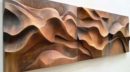 Poster - Abstract Wooden Wall Art Featuring Flowing Wave Patterns in Rich Brown Tones, Creating Depth and Texture for Modern Decor and Artistic Expression