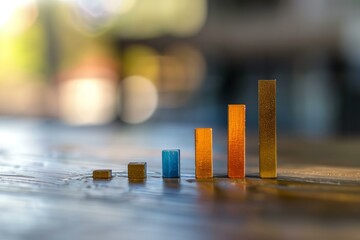 Poster - Ascending bar chart formed by colorful wooden blocks is standing on wooden table with blurred background