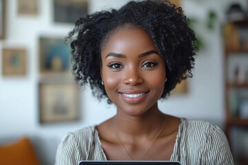 Poster - a woman sitting and holding a laptop computer, possibly working or studying