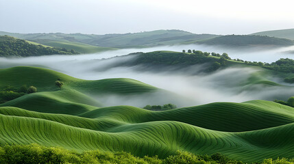 Sticker - Misty dawn, rolling green hills, farmland, sunrise