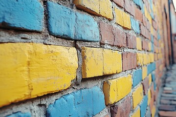 Sticker - A bright yellow and blue brick wall adjacent to a building, perfect for adding some color and texture to your design