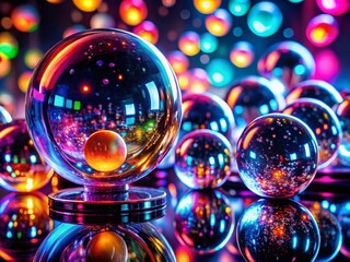 Poster - Futuristic Glass Capsules Floating in Neon Dark Space - Macro Photography Stock Photo