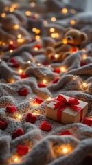 Poster - A cozy Christmas scene featuring a beautifully wrapped gift with a red bow, surrounded by warm fairy lights and scattered red heart decorations on a soft, textured blanket. A teddy bear adds a touch o