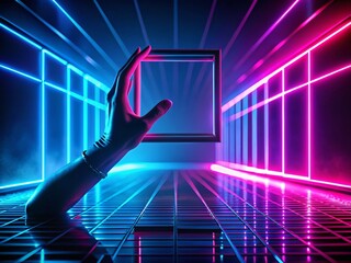 Wall Mural - Futuristic Neon Frame: Mannequin Hand Holds Pink Blue Square - 3D Render Silhouette