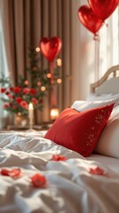 Poster - A beautifully decorated bedroom with heart-shaped red balloons, a cozy bed adorned with rose petals, and warm lighting creating a romantic atmosphere perfect for Valentine's Day.