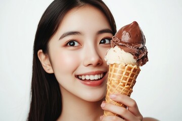 Wall Mural - A woman holds an ice cream cone, ready to enjoy the sweet treat