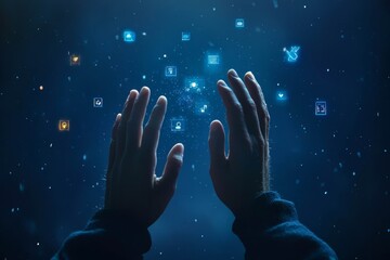 Poster - Mans hands interacting with AI icons on a dark blue background, representing AI services and assistance.