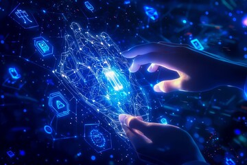 Poster - Mans hands interacting with AI icons on a dark blue background, representing AI services and assistance.