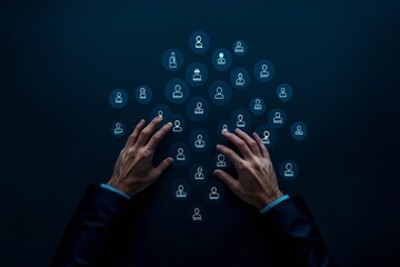 Poster - Mans hands interacting with AI icons on a dark blue background, representing AI services and assistance.