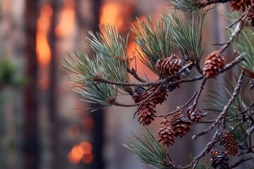 Wall Mural - A close-up of a pine tree with flames burning in the background, perfect for autumn or winter scenes