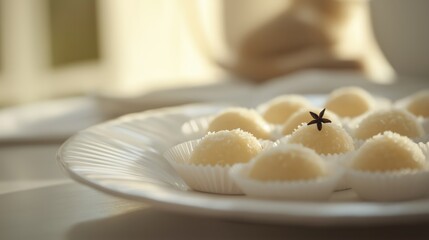 Wall Mural - Traditional Brazilian beijinho candies, soft white coconut balls topped with a single clove, arranged on a white plate