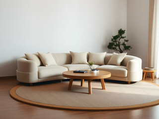 Wall Mural - Serene Living Room: A modern, curved sectional sofa in a calming beige hue anchors a minimalist living room, complemented by a circular woven rug, a low wooden coffee table, and subtle greenery.