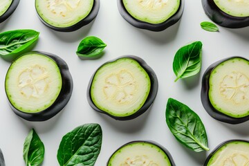 Wall Mural - Creative photography of eggplant slices surrounded by fresh green leaves on a white background