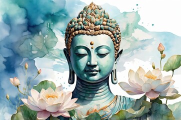 Colorful Buddha statue portrait vintage painting with flower decoration, culture and religion theme concept illustration texture design.
