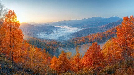 A breathtaking view of vibrant orange and yellow trees contrasted against the misty mountains, capturing the serene beauty of an autumn sunrise in nature's embrace.