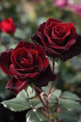 Sticker - A close-up shot of two red roses with green leaves, perfect for romantic occasions or as a symbol of love and appreciation